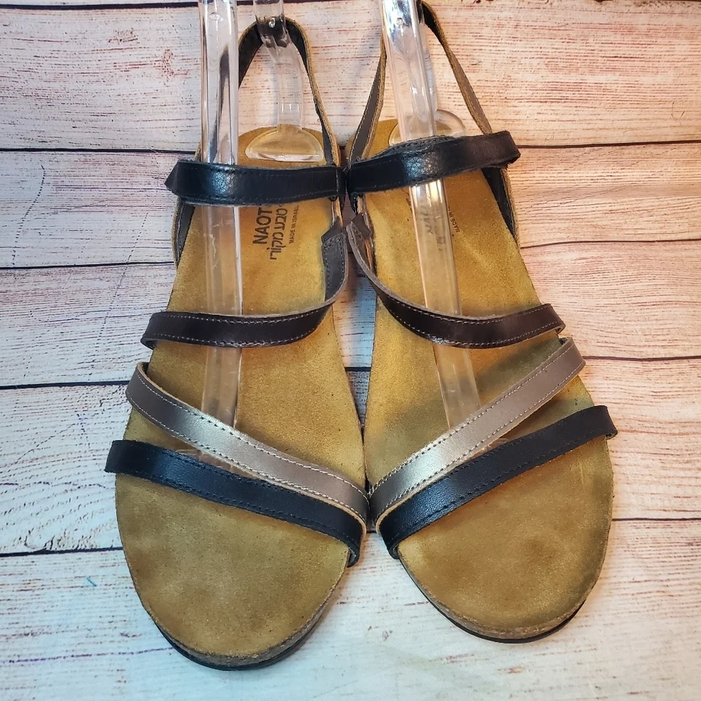 Naot Womens EU 42 US 11 Hero Black/Walnut Leather Wedge Strappy Sandals